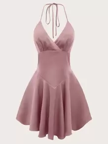 SHEIN ICON Lace Up Backless Flare Hem Halter Dress - Dusty Pink - View 1