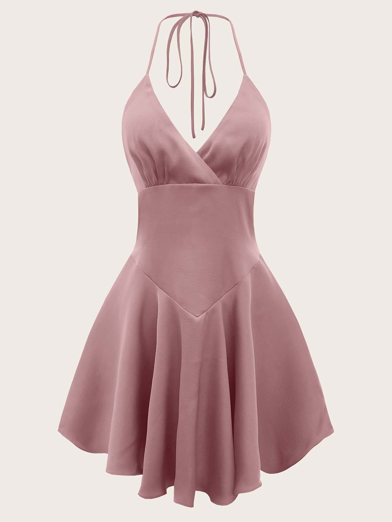 SHEIN ICON Lace Up Backless Flare Hem Halter Dress - Dusty Pink - View 1