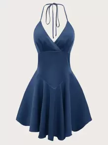 SHEIN ICON Đầm Lộ Lưng Ren lên Buộc lại Trọn gói Dây kéo màu trơn Thanh lịch - Màu xanh hải quân - Xem 1