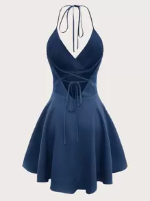 SHEIN ICON Đầm Lộ Lưng Ren lên Buộc lại Trọn gói Dây kéo màu trơn Thanh lịch - Màu xanh hải quân - Xem 2