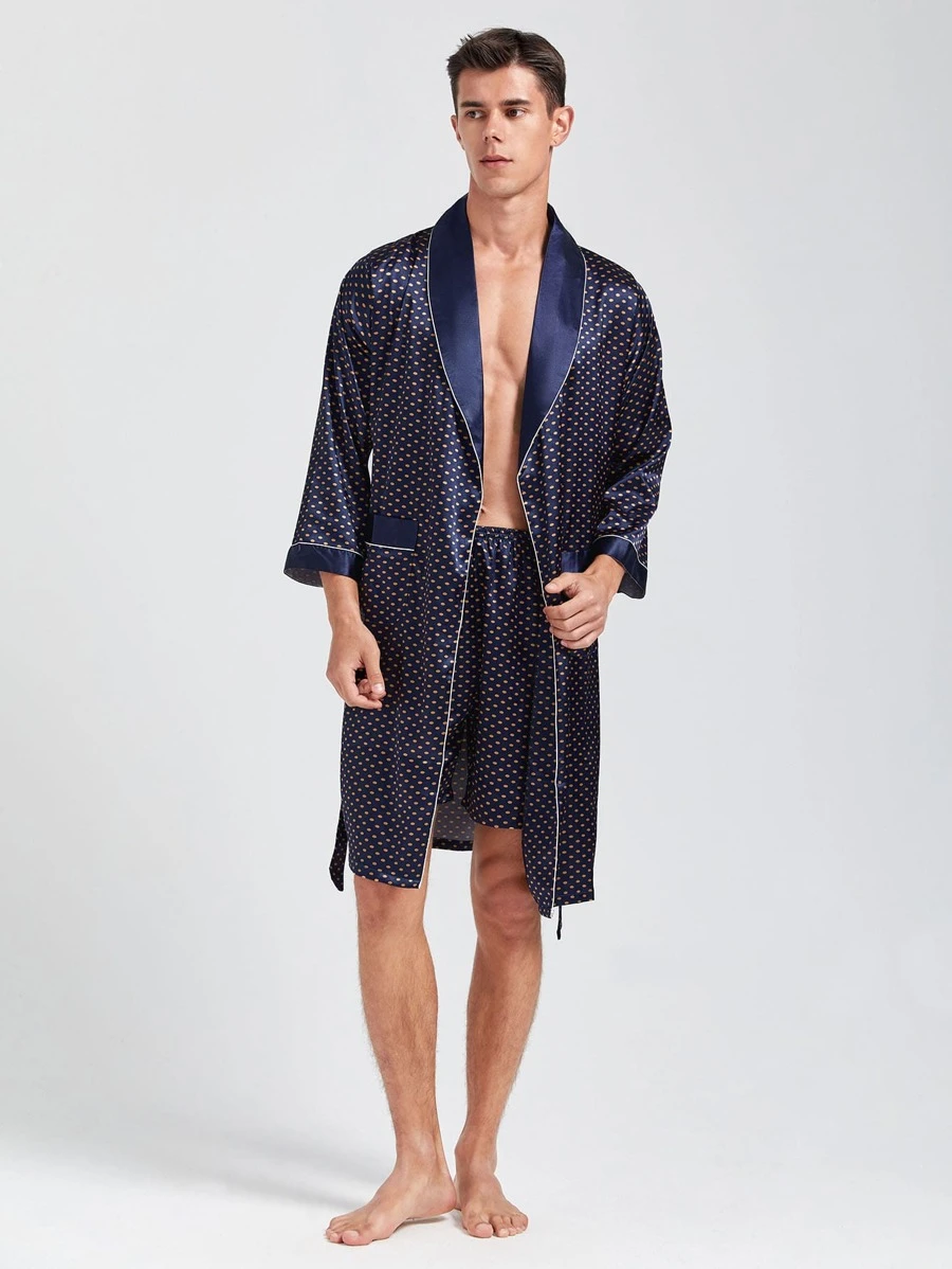 Men Polka Dot Shawl Collar Belted Satin Sleep Robe & Shorts - Navy Blue - View 1