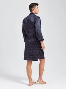 Men Polka Dot Shawl Collar Belted Satin Sleep Robe & Shorts - Navy Blue - View 2