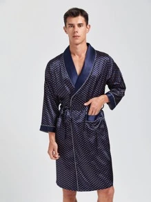 Men Polka Dot Shawl Collar Belted Satin Sleep Robe & Shorts - Navy Blue - View 3
