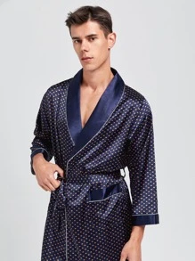 Men Polka Dot Shawl Collar Belted Satin Sleep Robe & Shorts - Navy Blue - View 5