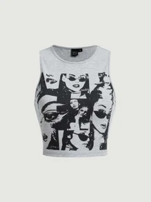 SHEIN MOD Figure Graphic Crop Tank Top - Light Grey - View 2