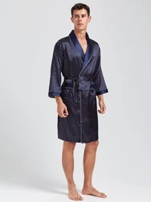 Men Polka Dot Shawl Collar Belted Satin Sleep Robe & Shorts - Navy Blue - View 6