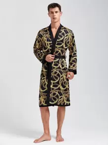 Men Chain Print Belted Sleep Robe - Multicolor - View 1