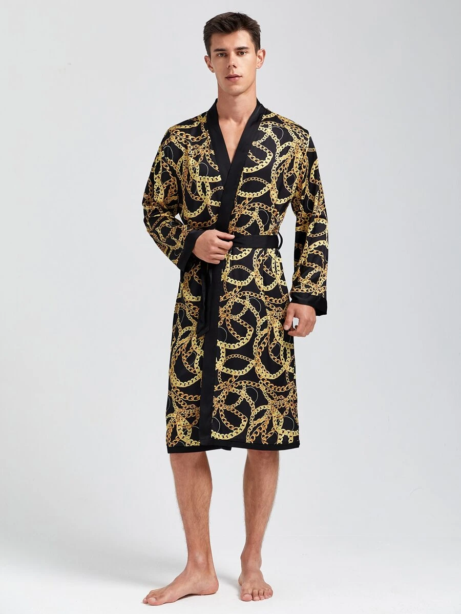 Men Chain Print Belted Sleep Robe - Multicolor - View 1