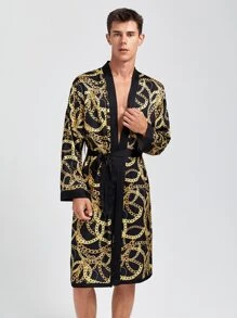 Men Chain Print Belted Sleep Robe - Multicolor - View 3