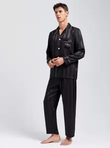 Men Letter Embroidery Contrast Piping Satin PJ Set - Black - View 1