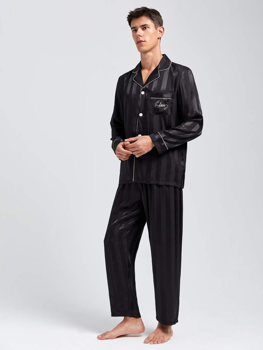 Men Letter Embroidery Contrast Piping Satin PJ Set - Black - View 1