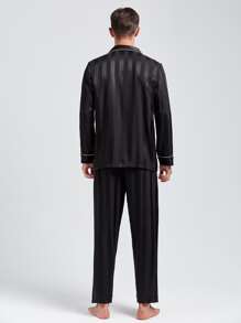 Men Letter Embroidery Contrast Piping Satin PJ Set - Black - View 2