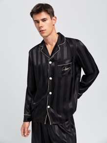 Men Letter Embroidery Contrast Piping Satin PJ Set - Black - View 3