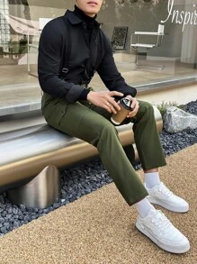 Manfinity Hombres Pantalones unicolor con bolsillo oblicuo - Verde militar - Ver 2