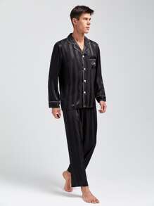 Men Letter Embroidery Contrast Piping Satin PJ Set - Black - View 5