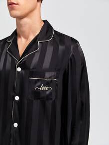 Men Letter Embroidery Contrast Piping Satin PJ Set - Black - View 6