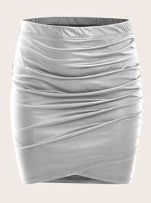 SHEIN Privé Plus Ruched PU Leather Skirt - Silver - View 1