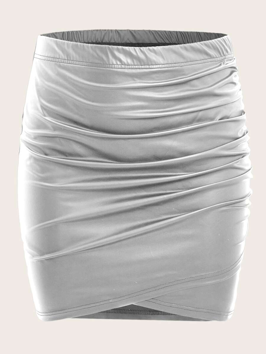 SHEIN Privé Plus Ruched PU Leather Skirt - Silver - View 1