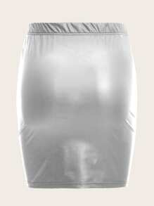 SHEIN Privé Plus Ruched PU Leather Skirt - Silver - View 2