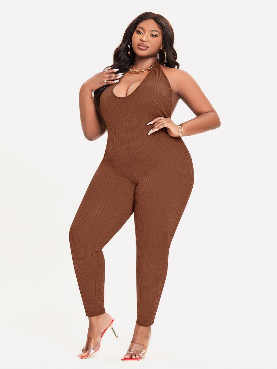 SHEIN SXY Plus Backless Halter Jumpsuit - Coffee Brown - View 1