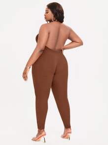 SHEIN SXY Plus Backless Halter Jumpsuit - Coffee Brown - View 2