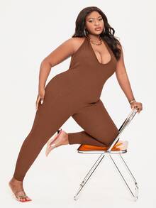 SHEIN SXY Plus Backless Halter Jumpsuit - Coffee Brown - View 5