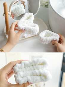 2/6/10 piezas Conjunto de banda de cabello y muñequera para baño, lazos de cabello felpudos anti-salpicaduras con caricatura, diadema para maquillaje, diadema, toalla de baño, puño de ropa anti-salpicaduras para muñeca - Blanco - Ver 5