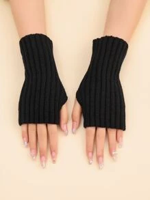 1 Pair Women's Solid Color Ribbed Knit Half Finger Gloves, Fashionable, Warm, Suitable For Daily Wear - Black - View 1