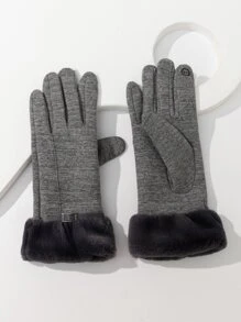 Contrast Fluffy Gloves - Black - View 1