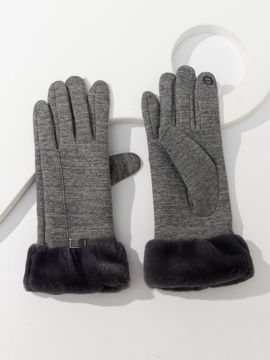 Contrast Fluffy Gloves - Black - View 1