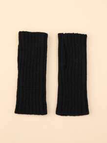1 Pair Women's Solid Color Ribbed Knit Half Finger Gloves, Fashionable, Warm, Suitable For Daily Wear - Black - View 2