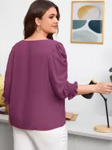 SHEIN Clasi 大碼素色荷葉袖襯衫 - 紫色 - 查看 2