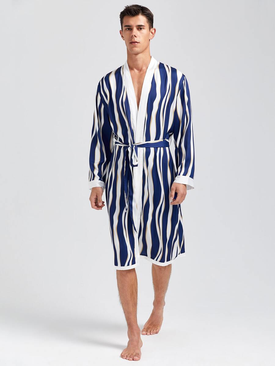 Hombres Bata homewear con estampado de rayas con cinturón - Azul y blanco - Ver 1
