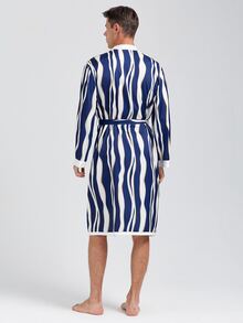 Hombres Bata homewear con estampado de rayas con cinturón - Azul y blanco - Ver 2