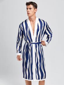Hombres Bata homewear con estampado de rayas con cinturón - Azul y blanco - Ver 3