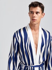 Hombres Bata homewear con estampado de rayas con cinturón - Azul y blanco - Ver 4