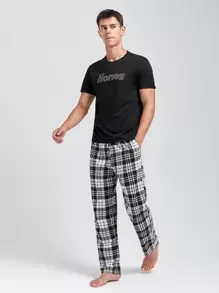 Men Letter Graphic Sleep Tee & Plaid Trousers - Black and White - View 1