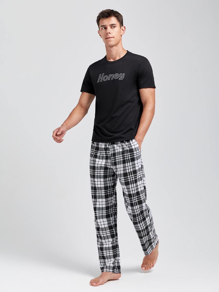 Men Letter Graphic Sleep Tee & Plaid Trousers - Black and White - View 1