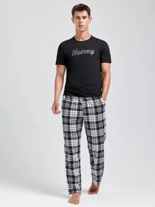 Men Letter Graphic Sleep Tee & Plaid Trousers - Black and White - View 3