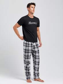 Men Letter Graphic Sleep Tee & Plaid Trousers - Black and White - View 5