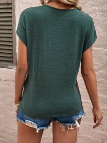SHEIN LUNE Áo thun nữ Tương phản ren màu trơn Giải trí - màu xanh lá - Xem 2