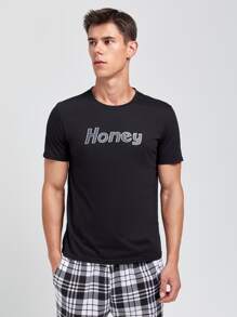 Men Letter Graphic Sleep Tee & Plaid Trousers - Black and White - View 6