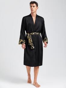 Hombres Bata de dormir en contraste con estampado de cadena con cinturón de satén - Negro - Ver 1