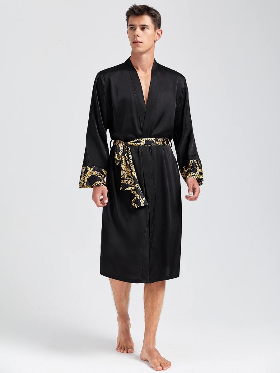 Hombres Bata de dormir en contraste con estampado de cadena con cinturón de satén - Negro - Ver 1
