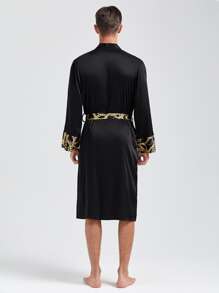 Hombres Bata de dormir en contraste con estampado de cadena con cinturón de satén - Negro - Ver 2