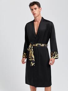 Hombres Bata de dormir en contraste con estampado de cadena con cinturón de satén - Negro - Ver 3