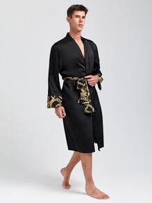 Hombres Bata de dormir en contraste con estampado de cadena con cinturón de satén - Negro - Ver 4
