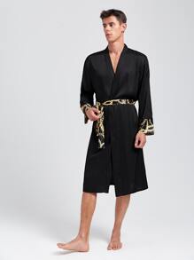 Hombres Bata de dormir en contraste con estampado de cadena con cinturón de satén - Negro - Ver 6