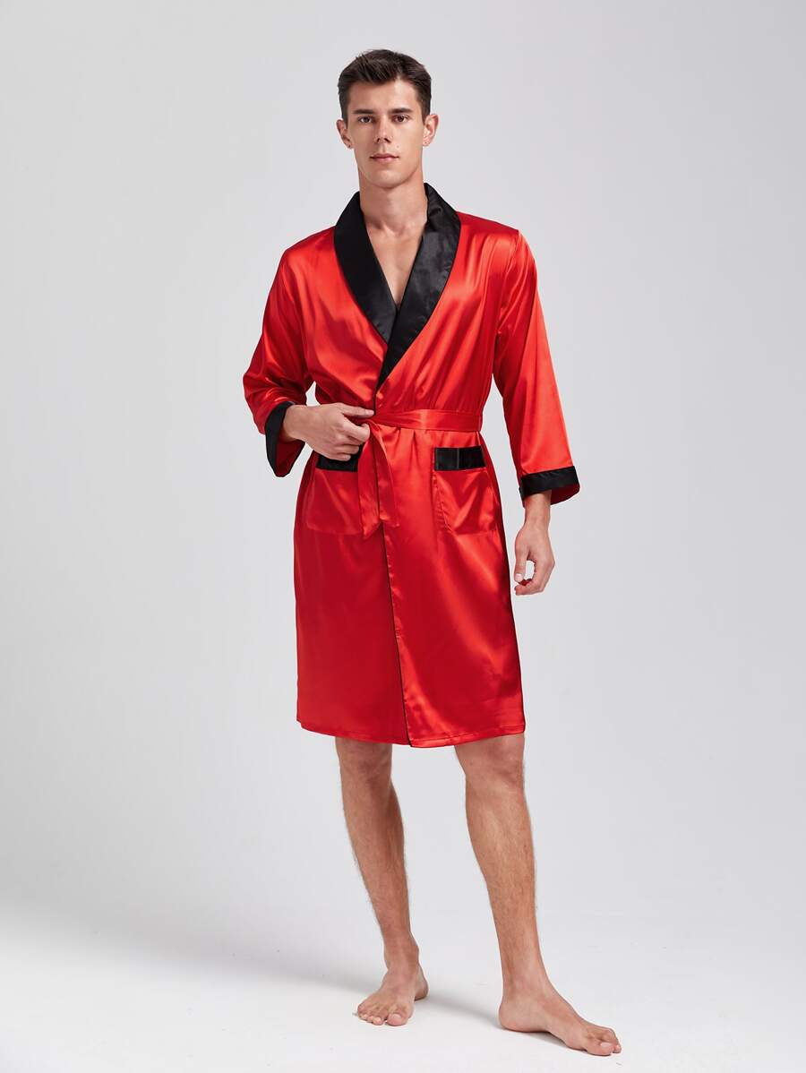 Hombres Bata de dormir ribete en contraste con cinturón de satén - Rojo - Ver 1