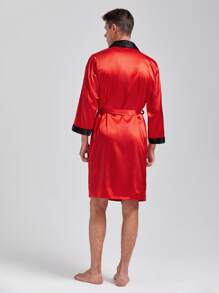 Hombres Bata de dormir ribete en contraste con cinturón de satén - Rojo - Ver 2